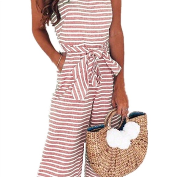 🆕 Striped Waisted Belt Wide Leg Jumpsuit: Pink - Picture 3 of 8
